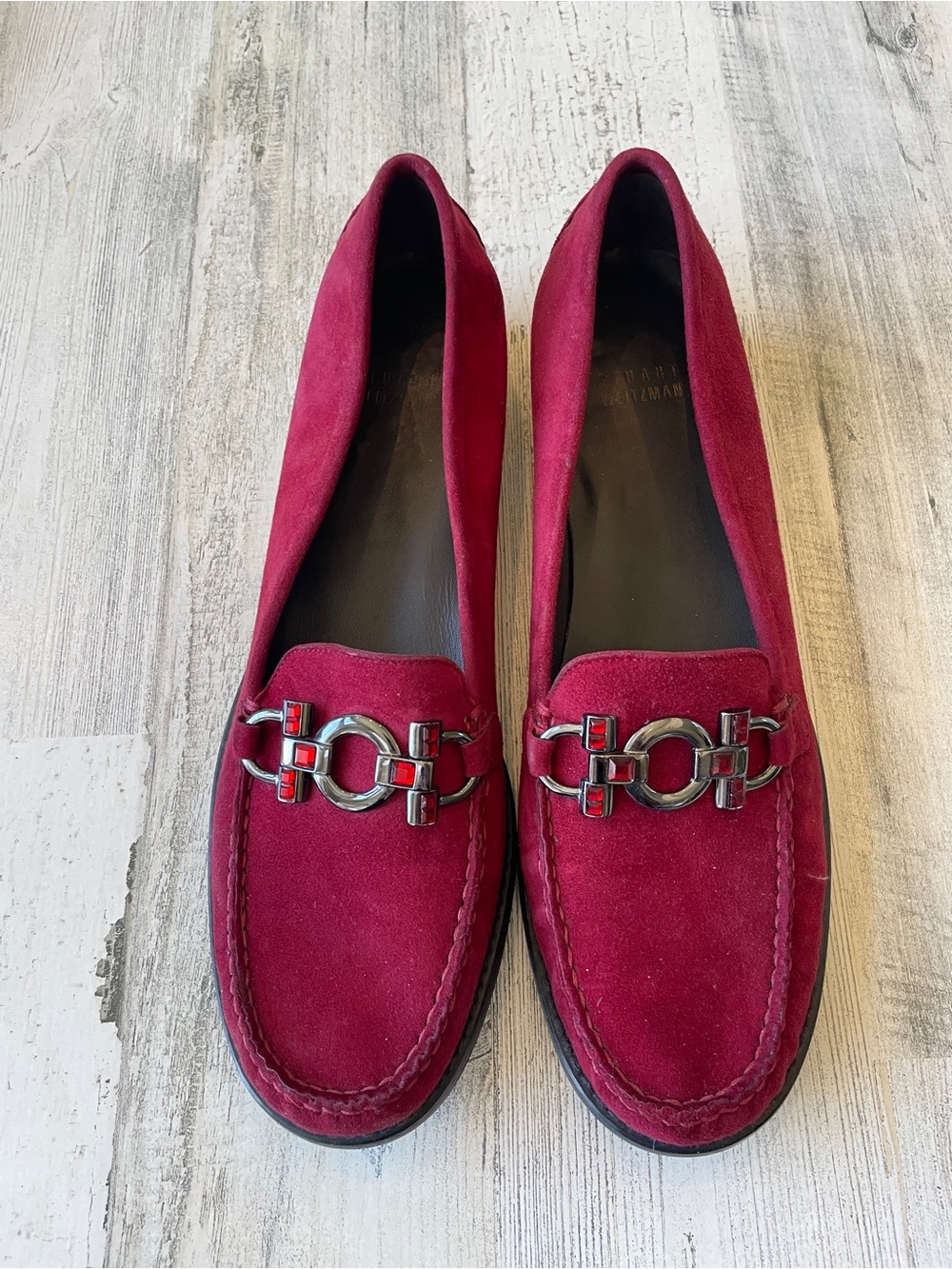 Stuart Weitzman Burgundy Red Suede Loafers with Silver Bit & Crystals SZ 9.5 N